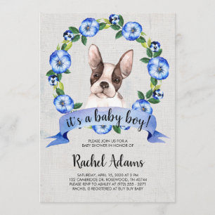 Invitation Baby shower floral bleu de chien de Taureau de