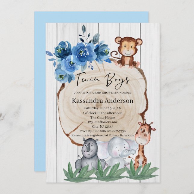 Invitation Baby shower Floral bleu de la jungle russe Twins (Devant / Derrière)