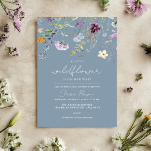 Invitation Baby shower Floral bleu Dusty Fleur sauvage