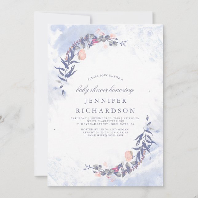 Invitation Baby shower floral bleu et blanc (Devant)