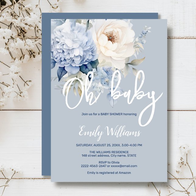 Invitation Baby shower floral bleu et blanc poussiéreux (Dusty blue watercolor flowers peonies rustic gender neutral baby shower invitation )
