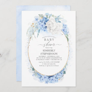 Invitation Baby shower floral bleu et blanc poussiéreux
