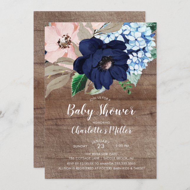 Invitation Baby shower floral bleu et bleu rustique de la mar (Devant / Derrière)