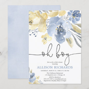 Invitation baby shower floral bleu et jaune poussiéreux