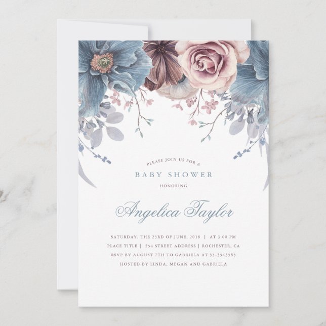 Invitation Baby shower floral bleu et mauve (Devant)