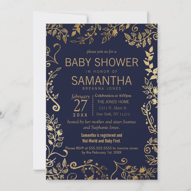 Invitation Baby shower floral bleu et or de la marine (Devant)