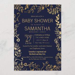 Invitation Baby shower floral bleu et or de la marine
