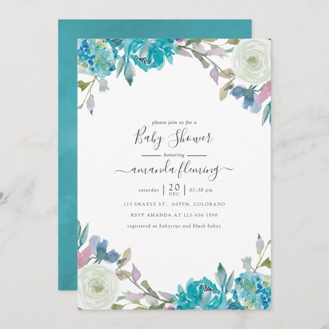 Invitation Baby shower floral bleu et turquoise (Devant / Derrière)