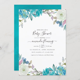 Invitation Baby shower floral bleu et turquoise