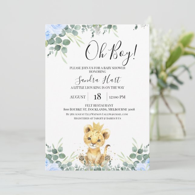 Invitation Baby shower Floral bleu Eucalyptus Lion King (Debout devant)