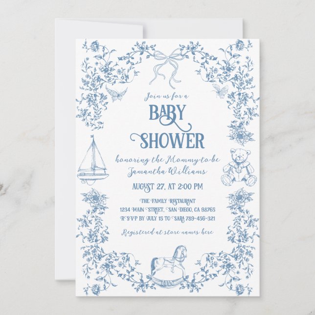 Invitation Baby shower floral bleu foncé (Devant)