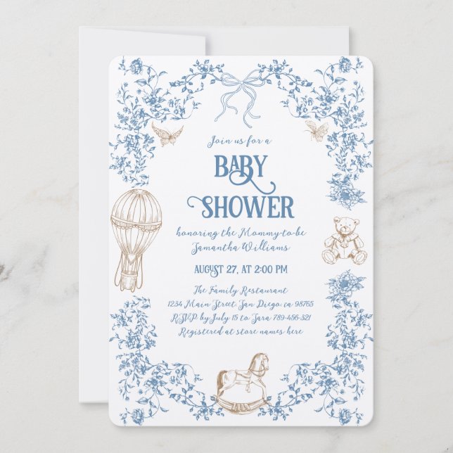 Invitation Baby shower floral bleu foncé (Devant)