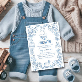 Invitation Baby shower floral bleu foncé