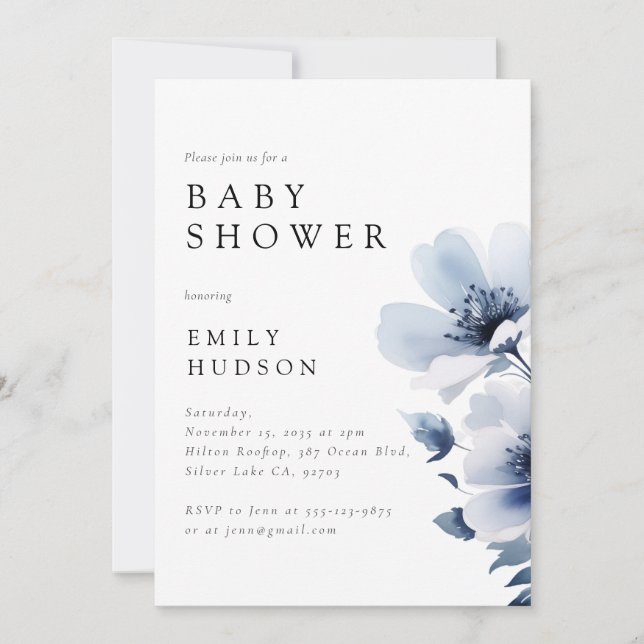 Invitation Baby shower floral bleu marine (Devant)