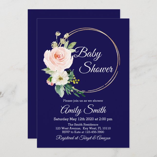 Invitation Baby shower floral bleu marine (Devant / Derrière)