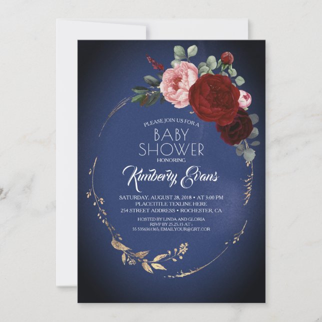 Invitation Baby shower floral bleu marine Bourgogne rouge et  (Devant)
