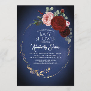 Invitation Baby shower floral bleu marine Bourgogne rouge et