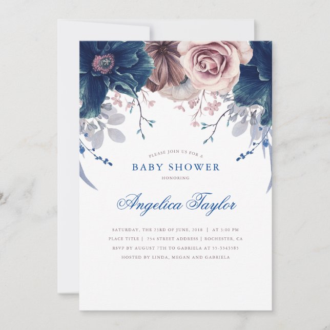 Invitation Baby shower floral bleu marine et mauve (Devant)