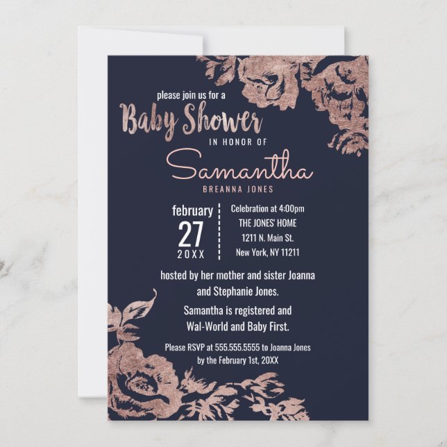 Invitation Baby shower floral bleu marine et or Rose (Devant)