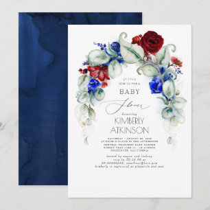 Invitation Baby shower floral bleu marine et rouge bordeaux