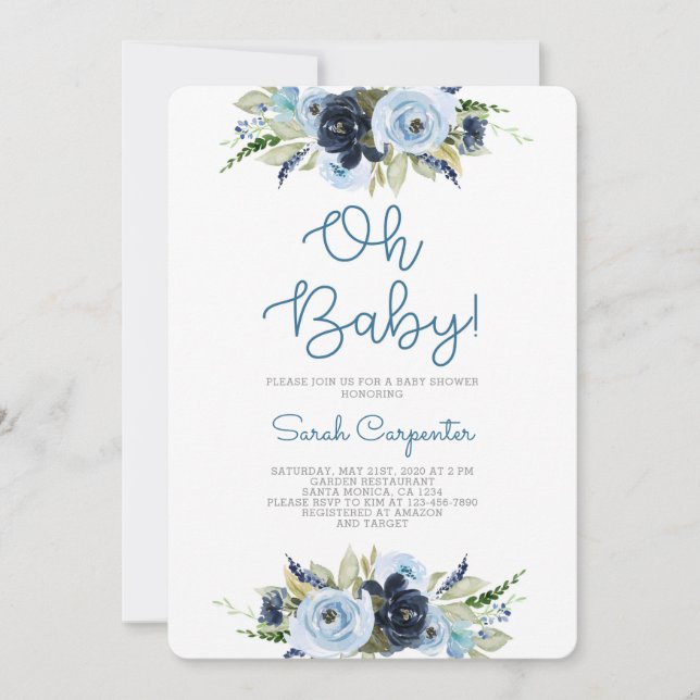 Invitation Baby shower floral bleu marine garçon (Devant)