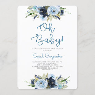 Invitation Baby shower floral bleu marine garçon