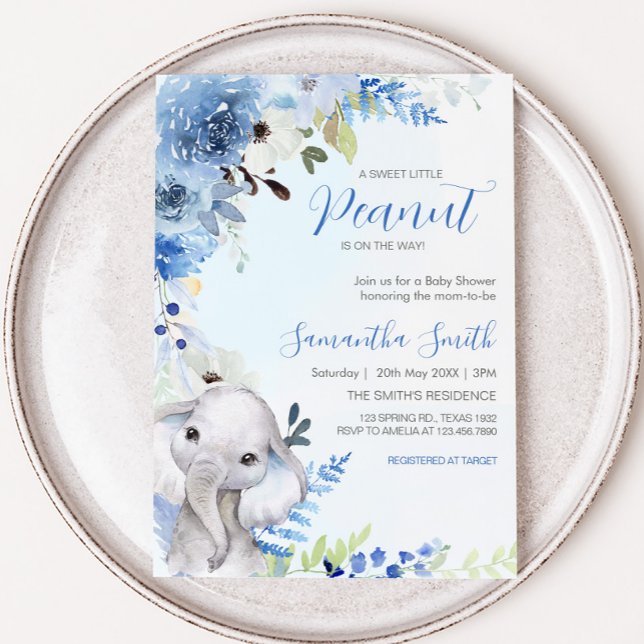 Invitation Baby shower Floral Bleu Petite Arachide (Blue Floral Elephant Spring Baby Shower Invitation
)