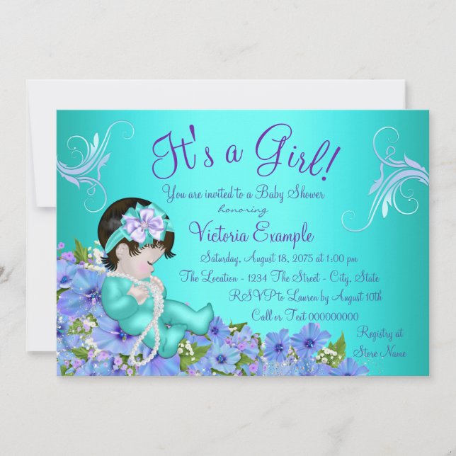 Invitation Baby shower Floral bleu pourpre et Turquoise (Devant)