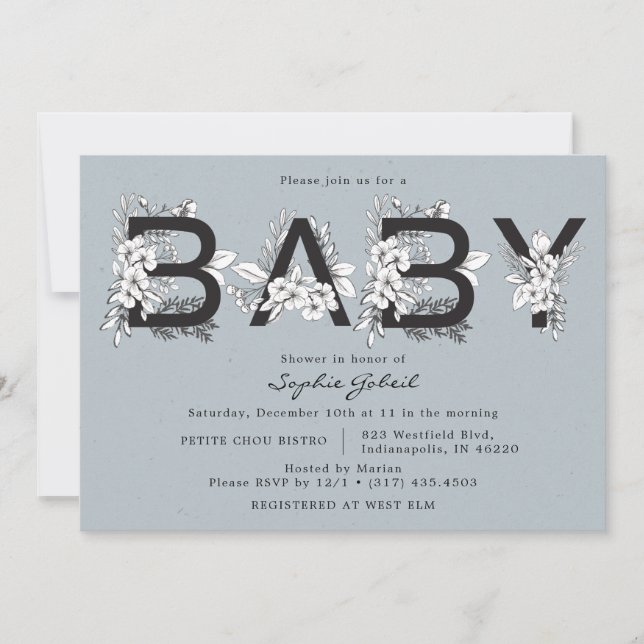 Invitation Baby shower floral bleu poussiéreux (Devant)