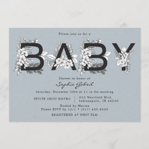 Invitation Baby shower floral bleu poussiéreux
