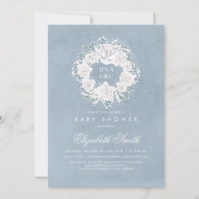 Invitation Baby shower floral bleu poussiéreux pour bébé (Devant)