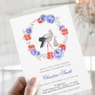 Invitation Baby shower floral bleu-rouge-genre I