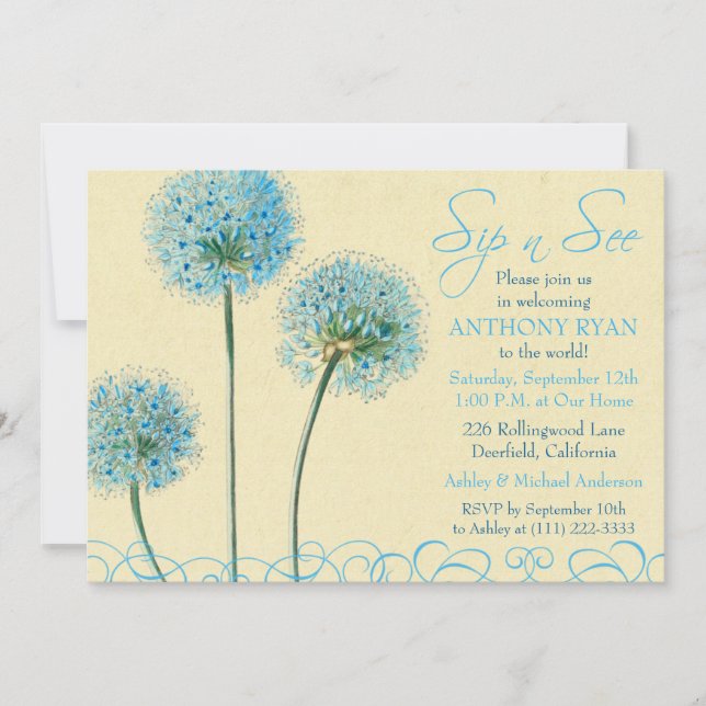 Invitation Baby shower Floral Bleu Sip et voir (Devant)