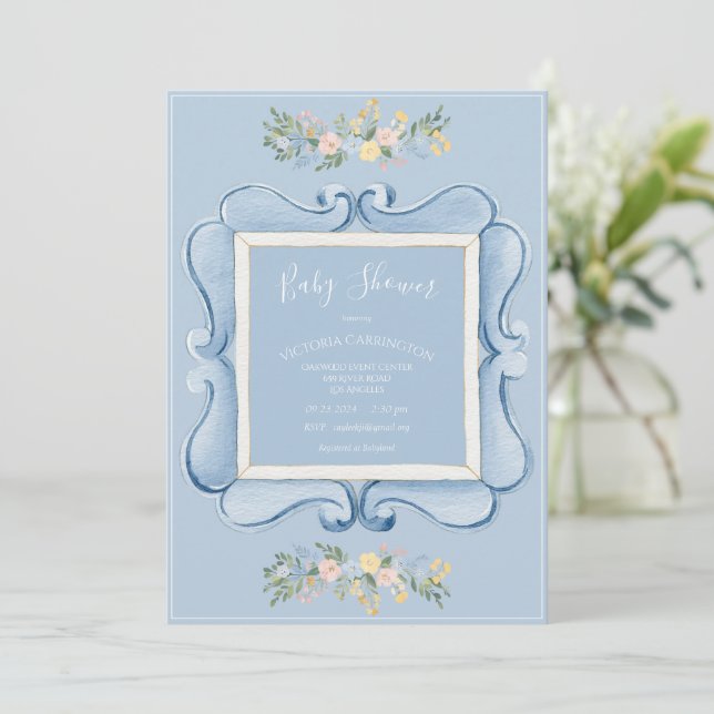 Invitation Baby Shower Floral Bleu Vintage (Debout devant)