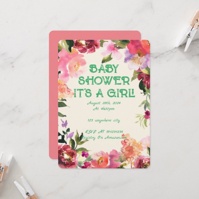 INVITATION BABY SHOWER FLORAL BLUSH (Devant/Arrière en situation)