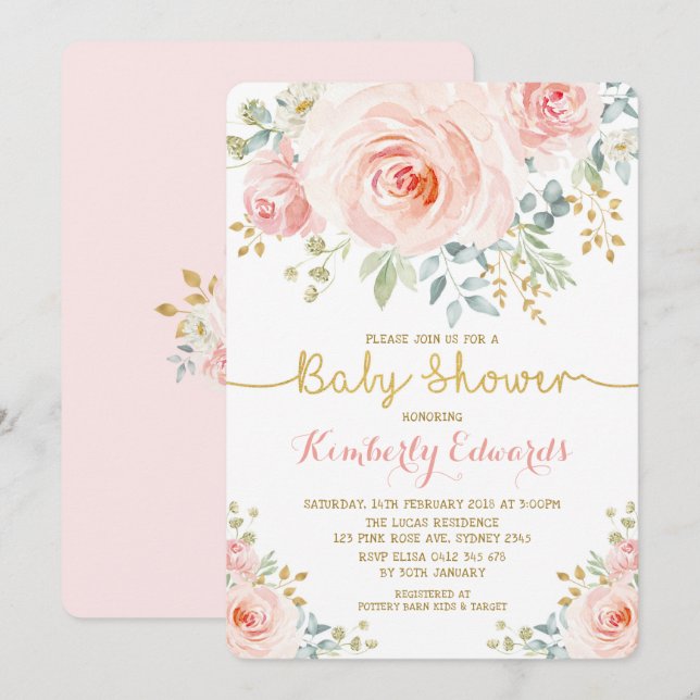 Invitation Baby shower floral Blush or Rose fille  (Devant / Derrière)