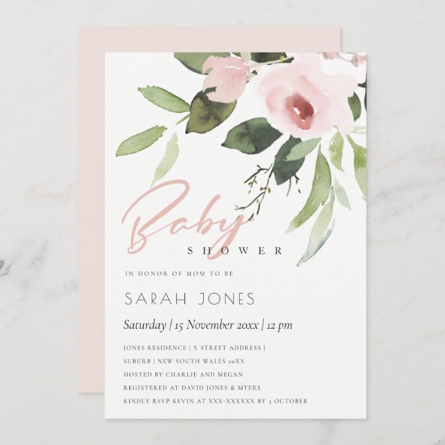 INVITATION BABY SHOWER FLORAL BLUSH ROSE LAVE DE COULEUR SUBT (Devant / Derrière)