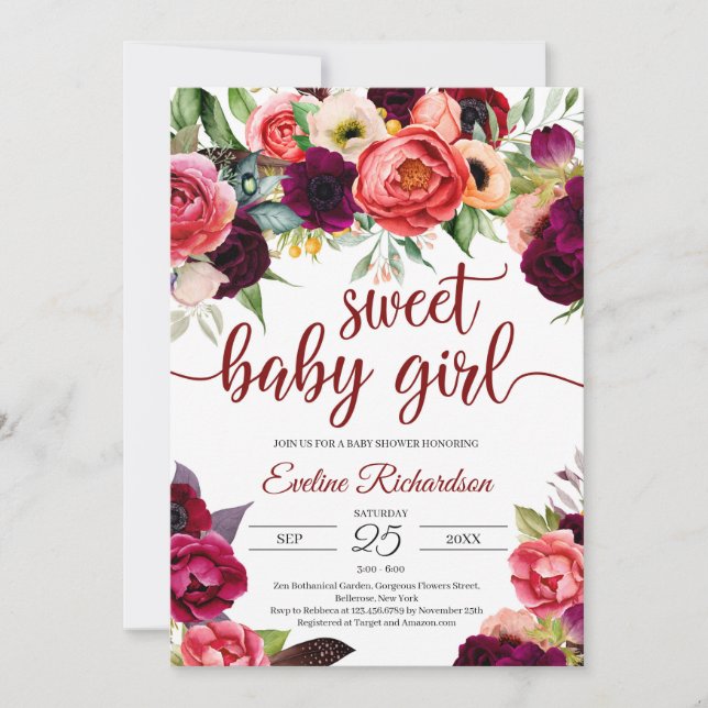 Invitation baby shower floral bohème de Bourgogne (Devant)