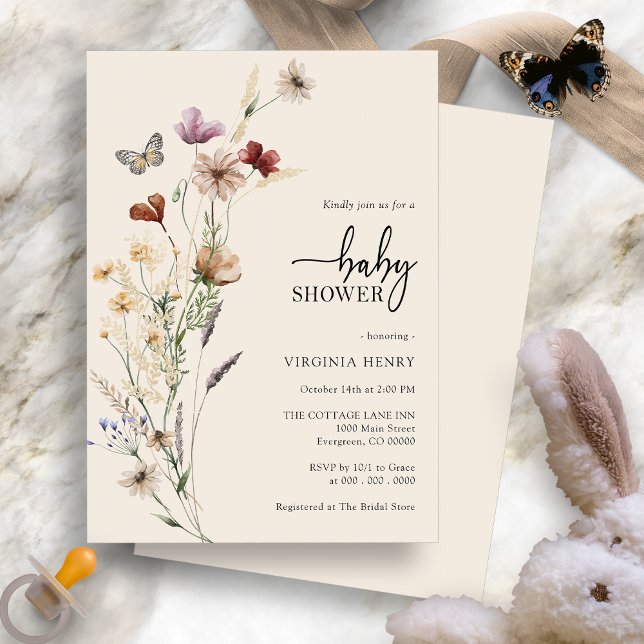 Invitation Baby shower Floral Boho (Floral Boho Baby Shower Invitation with Butterfly by Painted Paperie
)