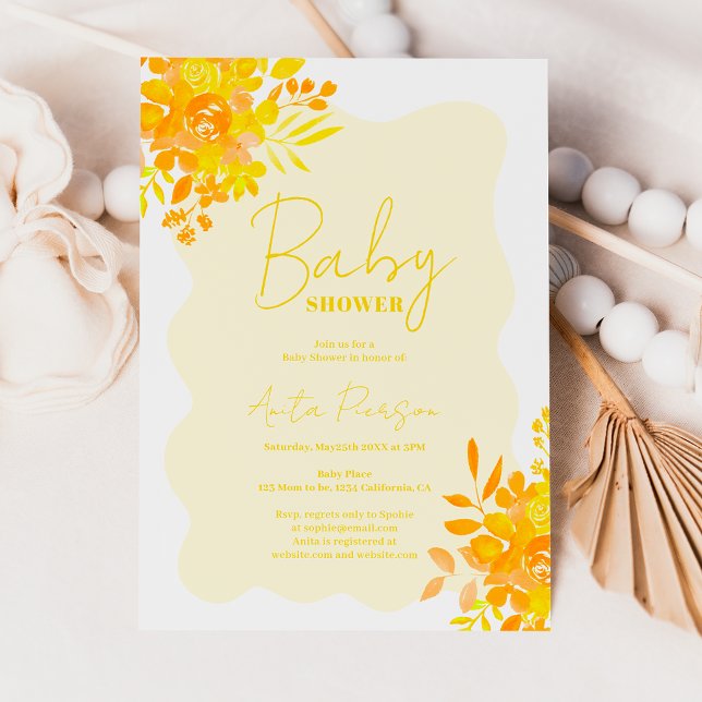 Invitation Baby shower floral boho à cadre ondulé jaune chaud (Hot yellow wavy frame boho floral baby shower invitation)