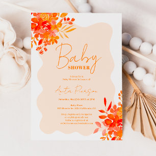 Invitation Baby shower floral boho à cadre ondulé orange chau