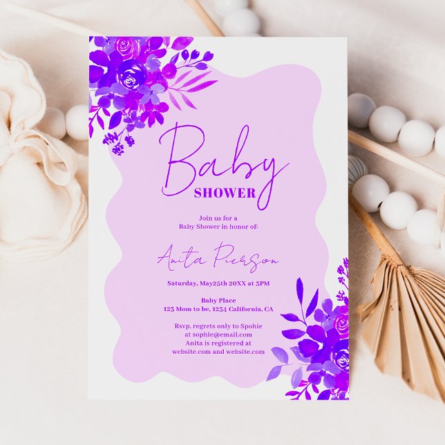 Invitation Baby shower floral boho à cadre ondulé violet chau (Hot purple wavy frame boho floral baby shower invitation)