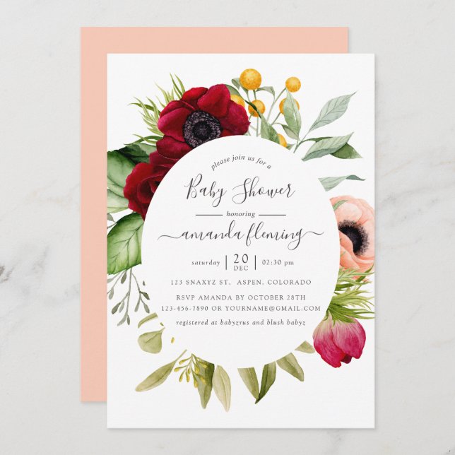 Invitation Baby shower floral Boho aquarelle (Devant / Derrière)
