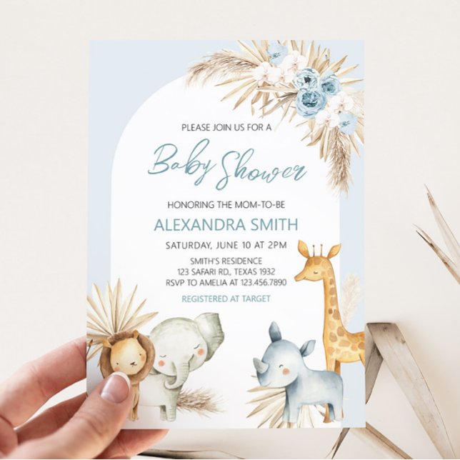 Invitation Baby shower Floral Boho bleu Safari (Boy Safari Animals Boho Baby Shower Invitation)