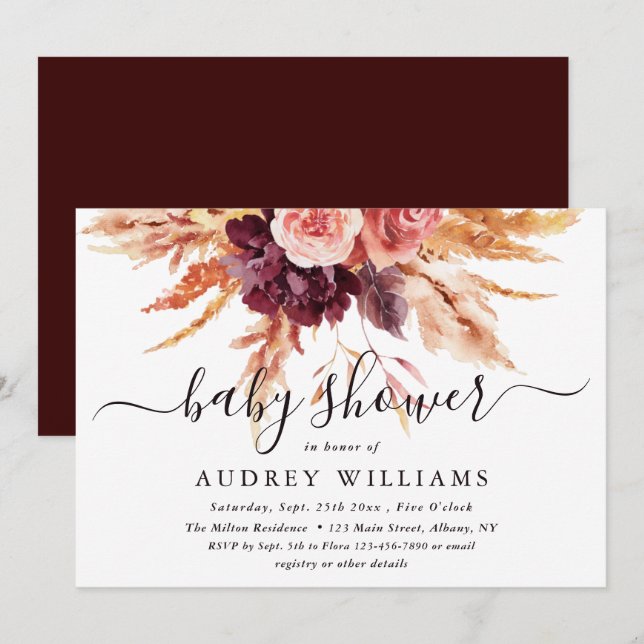 Invitation Baby shower Floral Boho Burgundy Terracotta  (Devant / Derrière)