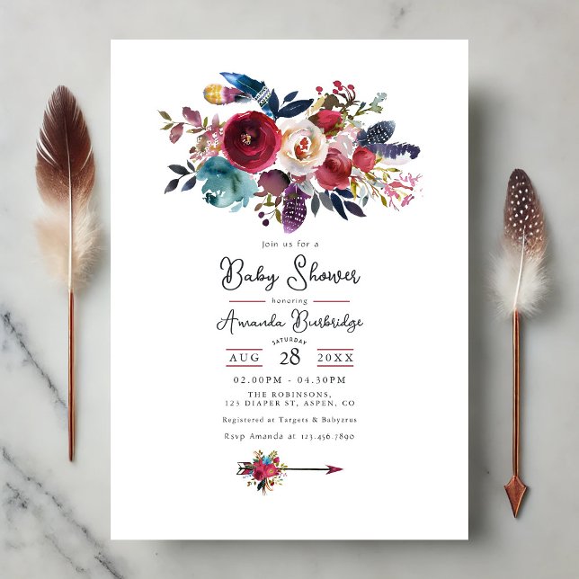 Invitation Baby shower Floral Boho de Bourgogne Rustique (Rustic Burgundy Boho Floral Baby Shower Invitation)