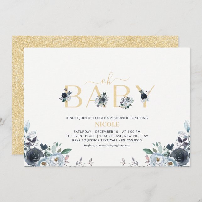 Invitation Baby shower Floral Boho Elegant Marine Blue & Gold (Devant / Derrière)