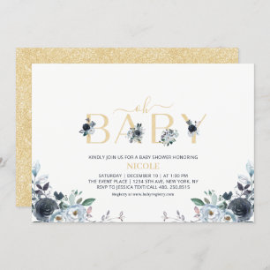 Invitation Baby shower Floral Boho Elegant Marine Blue & Gold