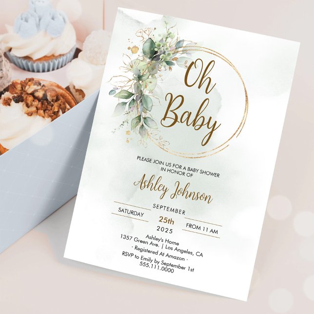 Invitation Baby Shower Floral Boho Oh Bébé Vert et Or (Créateur téléchargé)