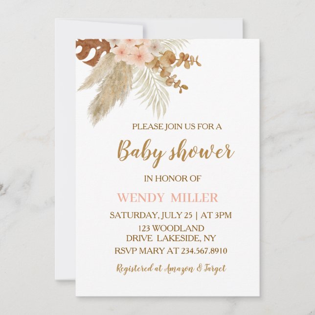 Invitation Baby Shower Floral Boho Pampas (Devant)
